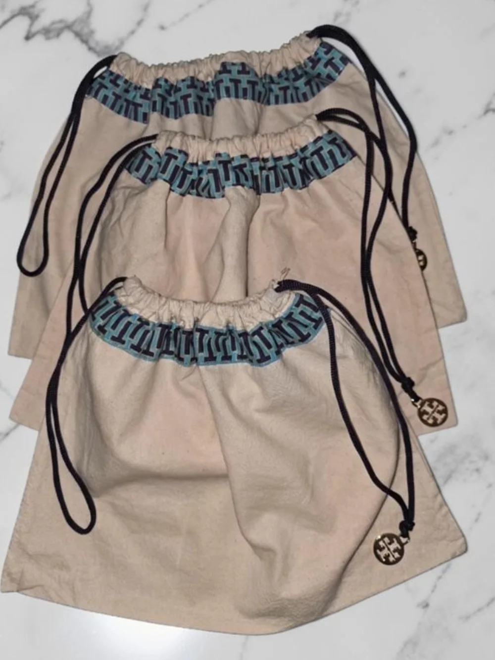 Tory Burch Beige Drawstring Dust Bag with Blue Trim- 3 Piece Set